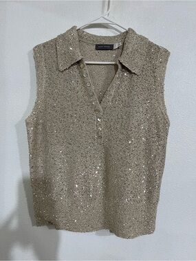 Sequin Knit Polo Tank Top in Beige Gold